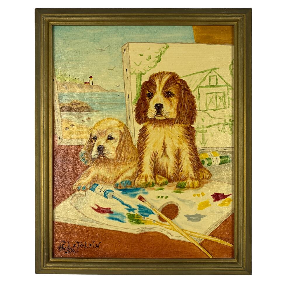 oil painting Artist Puppies 11 x 14 framed complete dogs 2000 vintage handmade